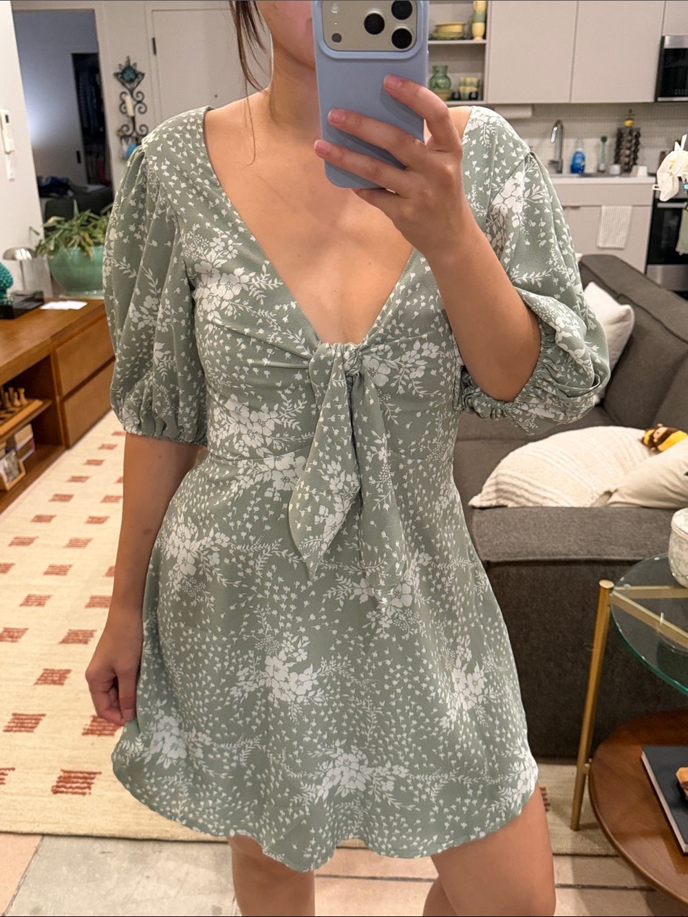 Sage Green Floral Tie-Front Puff Sleeve Mini Dress